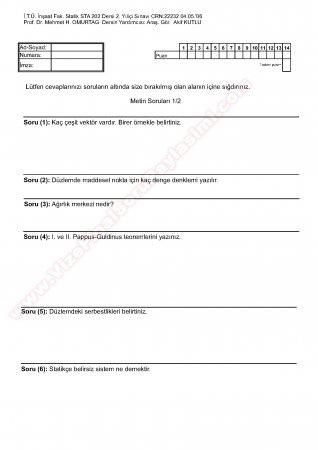 Statik Dersi 2. Yıl İçi Sınav Soruları