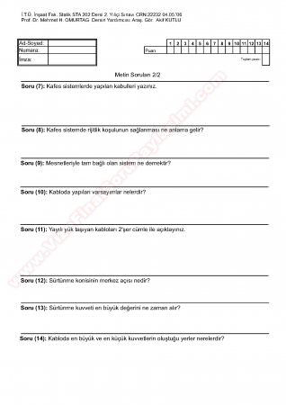 Statik Dersi 2. Yıl İçi Sınav Soruları