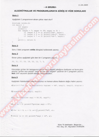 Algoritma ve Programlama Giriş Vize Soruları-2005