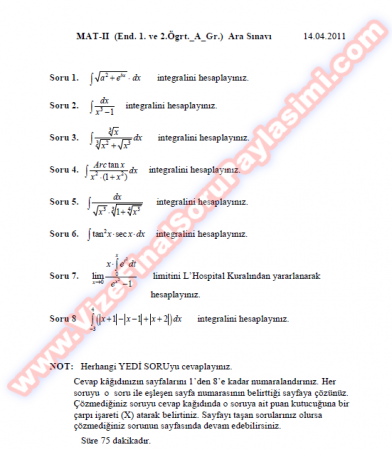 Matematik-2 Vize Soruları-2011
