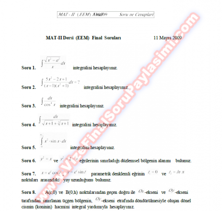 Matematik-2 Final Soruları Ve Cevapları-2009
