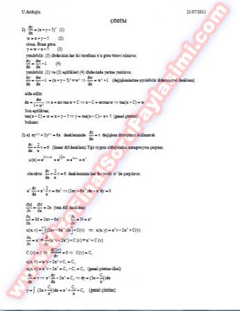 Diferansiyel Denklemler Yaz Okulu Vize Soruları Ve Cevapları-2011