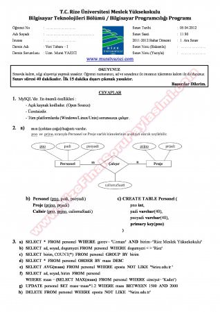 Veri Tabanı -1 Vize Soruları - 2012