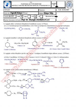 Organik Kimya -1 Final Soruları ve Cevapları