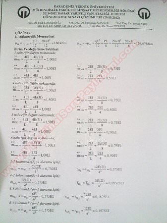 Yapı Statiği -2 Final Soruları ve Çözümleri