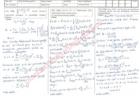 Matematik -2 Mazeret Soruları ve Cevapları