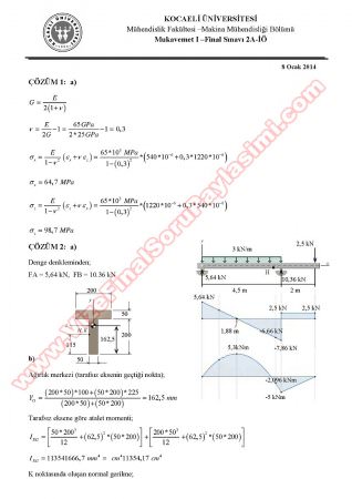 Mukavemet -1 Final Soruları ve Cevapları - İ.Ö.