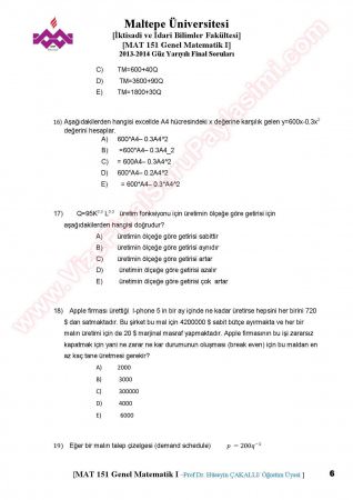 Matematik -1 Final Soruları