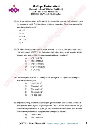 Matematik -1 Final Soruları