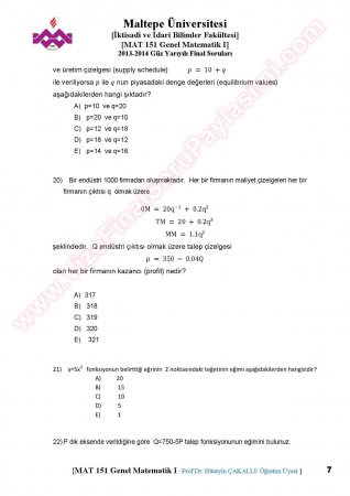 Matematik -1 Final Soruları