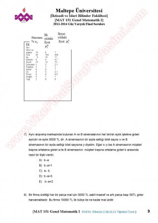 Matematik -1 Final Soruları