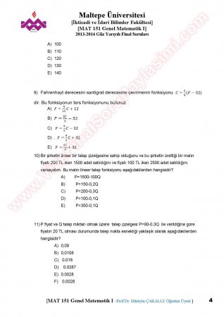 Matematik -1 Final Soruları