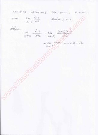 Matematik 1 Kısa Sınav Soruları -2012
