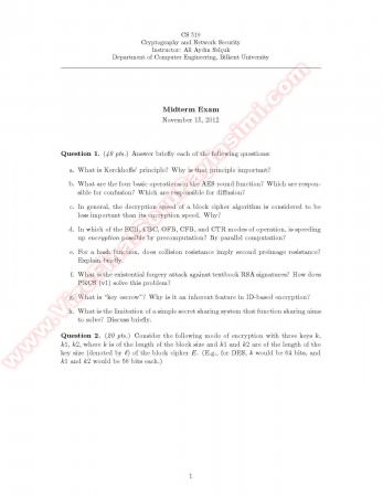 Cryptography and Network Security Midterm Questions -2012