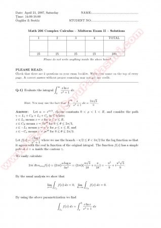 Complex Calculus Midterm2 Solutions - 2007