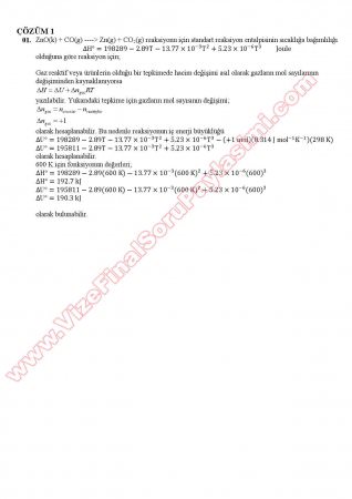 Fiziksel Kimya -1 Final Soruları ve Çözümleri -2013