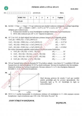 Fiziksel Kimya -1 Final Soruları ve Çözümleri -2013