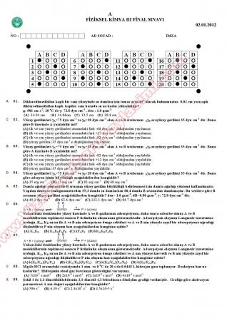 Fiziksel Kimya -3 Final Soruları ve Cevapları -2012