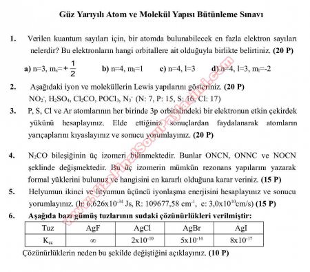 Atom ve Molekül Yapısı Bütünleme Sınav Soruları