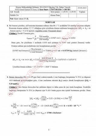 Genel Kimya -2 1.Kısa Sınav Soruları ve Çözümleri