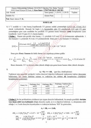 Genel Kimya -2 1.Kısa Sınav Soruları ve Çözümleri