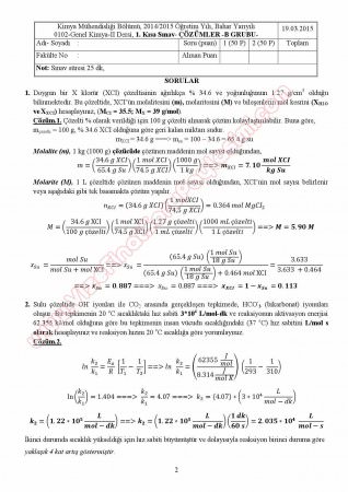 Genel Kimya -2 1.Kısa Sınav Soruları ve Çözümleri