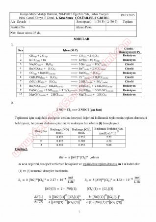 Genel Kimya -2 1.Kısa Sınav Soruları ve Çözümleri