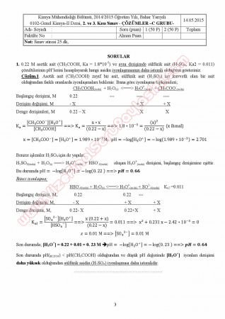 Genel Kimya -2 2. ve 3. Kısa Sınav Soruları ve Çözümleri