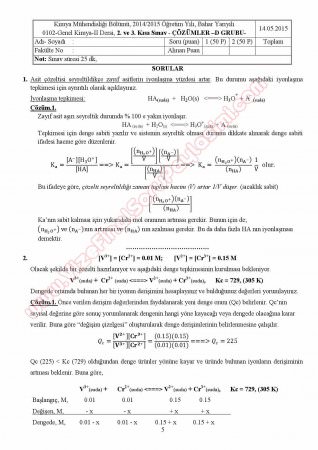 Genel Kimya -2 2. ve 3. Kısa Sınav Soruları ve Çözümleri