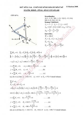 Statik Dersi Final Soruları ve Çözümleri - End. Müh.