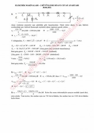 Elektrik Makinaları -2 Bütünleme Soruları Ve Çözümleri -2011