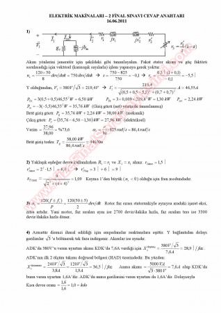 Elektrik Makinaları -1 Final Soruları Ve Çözümleri -2011