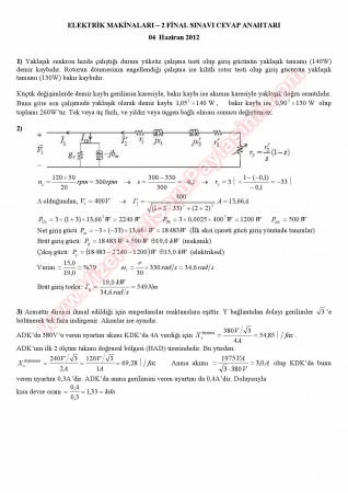 Elektrik Makinaları -2 Final Soruları Ve Çözümleri -2012
