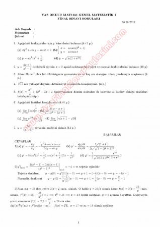 Genel Matematik-1 Final Soruları ve Çözümleri