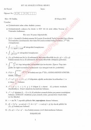 Analiz 2 final Soruları Ve Çözümleri -2013