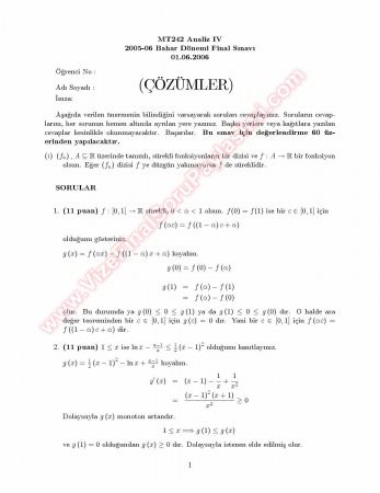 Analiz 4 Final Soruları Ve Çözümleri -2006