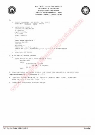 Veritabanı Yönetimi Vize Soruları Ve Çözümleri -2011