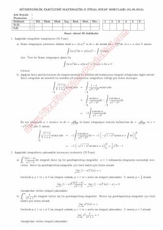 Matematik -2 Final Soruları ve Çözümleri -KKÜ