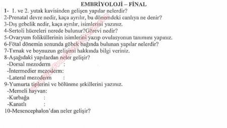 Embriyoloji Dersi Final Soruları - F.Ü.