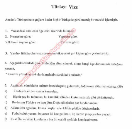 Türkçe Dersi Vize Soruları - F.Ü.