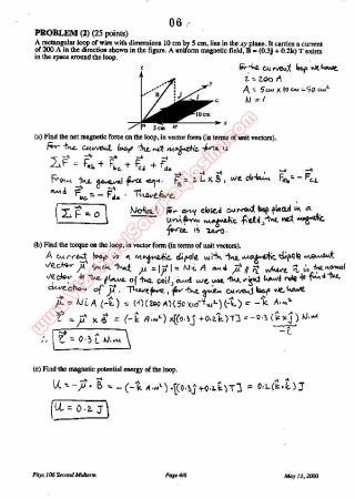 Physics-2 Second Midterm Questions and Solutions 2000