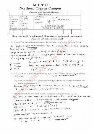 Calculus With Analytic Geometry Second Short Exam Questions and Solutions Fall 2013