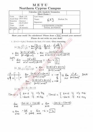 Calculus With Analytic Geometry First Short Exam Questions and Solutions Summer 2014