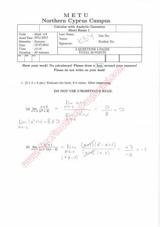 Calculus With Analytic Geometry First Short Exam Questions and Solutions 2015