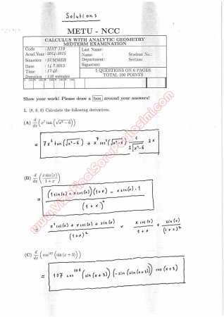 Calculus With Analytic Geometry Midterm Questions and Solutions 2015