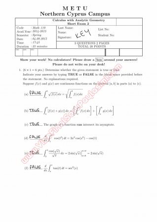 Calculus With Analytic Geometry Second Short Exam Questions and Solutions 2015
