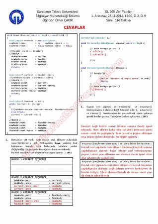 Veri Yapıları Dersi 1. Ara Sınav Soruları ve Cevapları - 2012