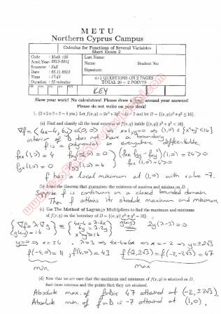 Calculus For Functions Of Several Variables Second Short Exam Questions And Solutions Fall 2013
