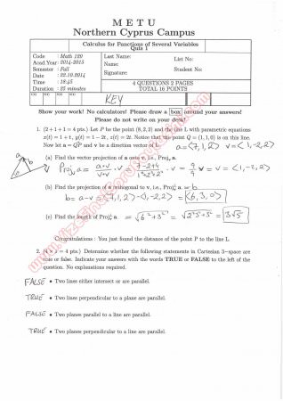 Calculus for Functions of Several Variables short exam questions and solutions