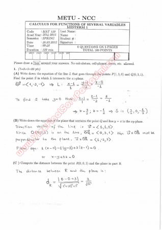 Calculus For Functions Of Several Variables First Midterm Exam Questions And Solutions Spring 2015